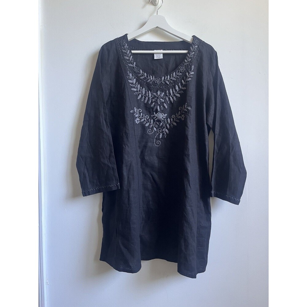 Abrazo Style Embroidered Tunic Black Shirt Sz XL Linen Blend Lagenlook boho cott
